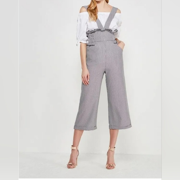 lost ink Pants - Lost Ink Grey Striped Wide Leg Dungarees with Frill size 12